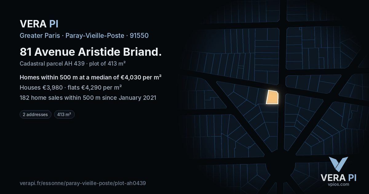81 Avenue Aristide Briand, Paray-Vieille-Poste at night – the plot lit, the parcels around coloured by the prices near them