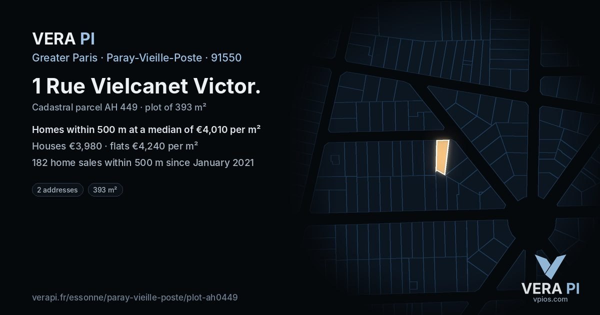1 Rue Vielcanet Victor, Paray-Vieille-Poste at night – the plot lit, the parcels around coloured by the prices near them