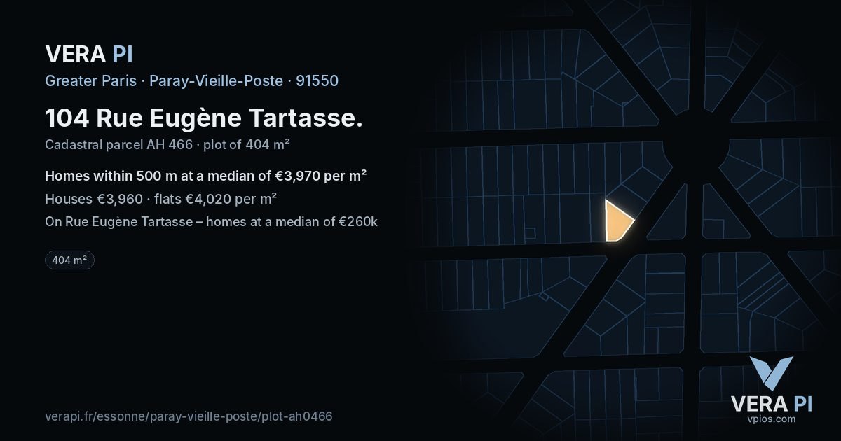 104 Rue Eugène Tartasse, Paray-Vieille-Poste at night – the plot lit, the parcels around coloured by the prices near them