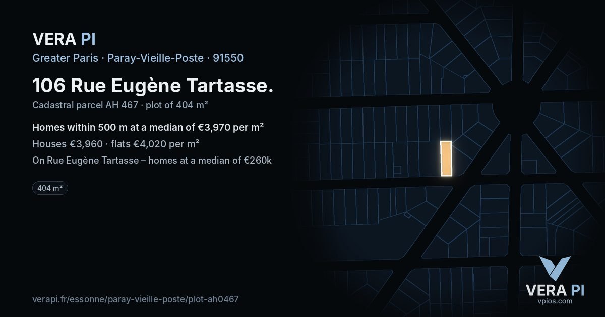 106 Rue Eugène Tartasse, Paray-Vieille-Poste at night – the plot lit, the parcels around coloured by the prices near them