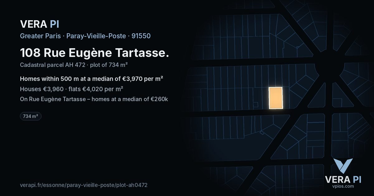 108 Rue Eugène Tartasse, Paray-Vieille-Poste at night – the plot lit, the parcels around coloured by the prices near them