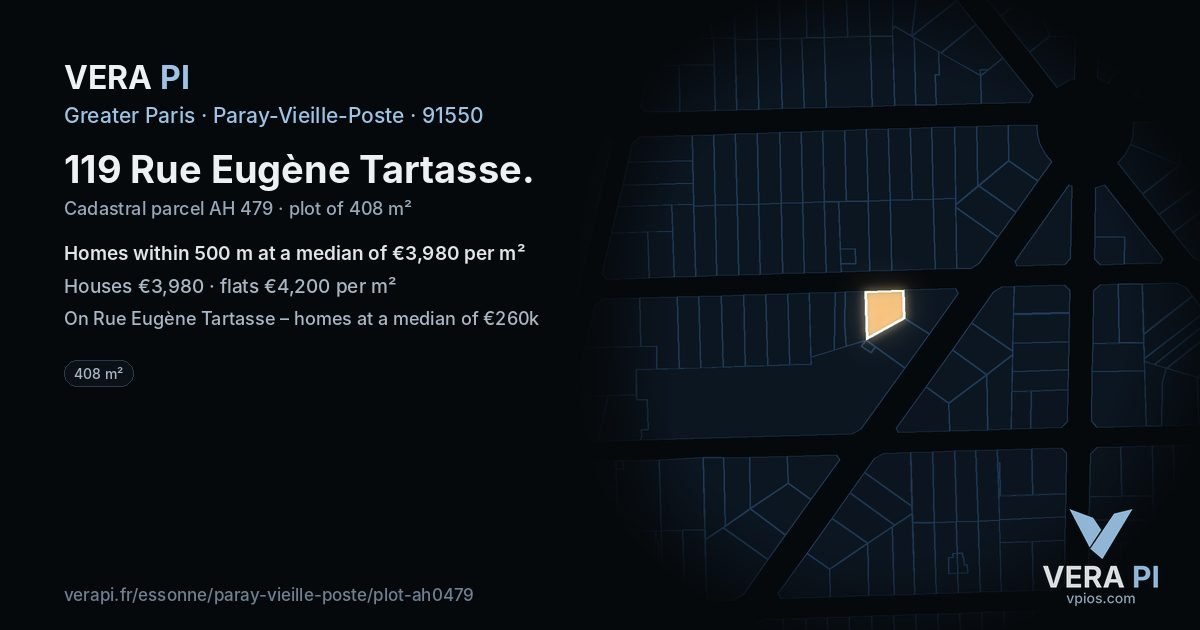 119 Rue Eugène Tartasse, Paray-Vieille-Poste at night – the plot lit, the parcels around coloured by the prices near them