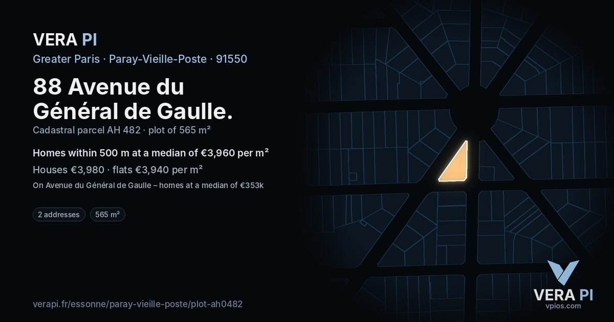 88 Avenue du Général de Gaulle, Paray-Vieille-Poste at night – the plot lit, the parcels around coloured by the prices near them