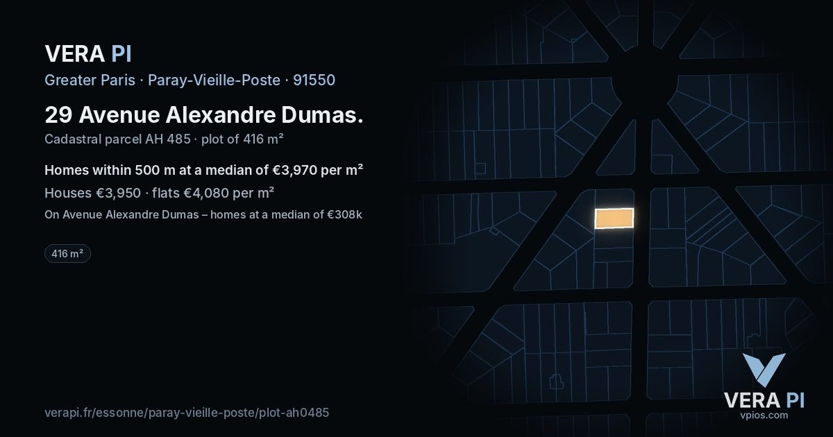 29 Avenue Alexandre Dumas, Paray-Vieille-Poste at night – the plot lit, the parcels around coloured by the prices near them