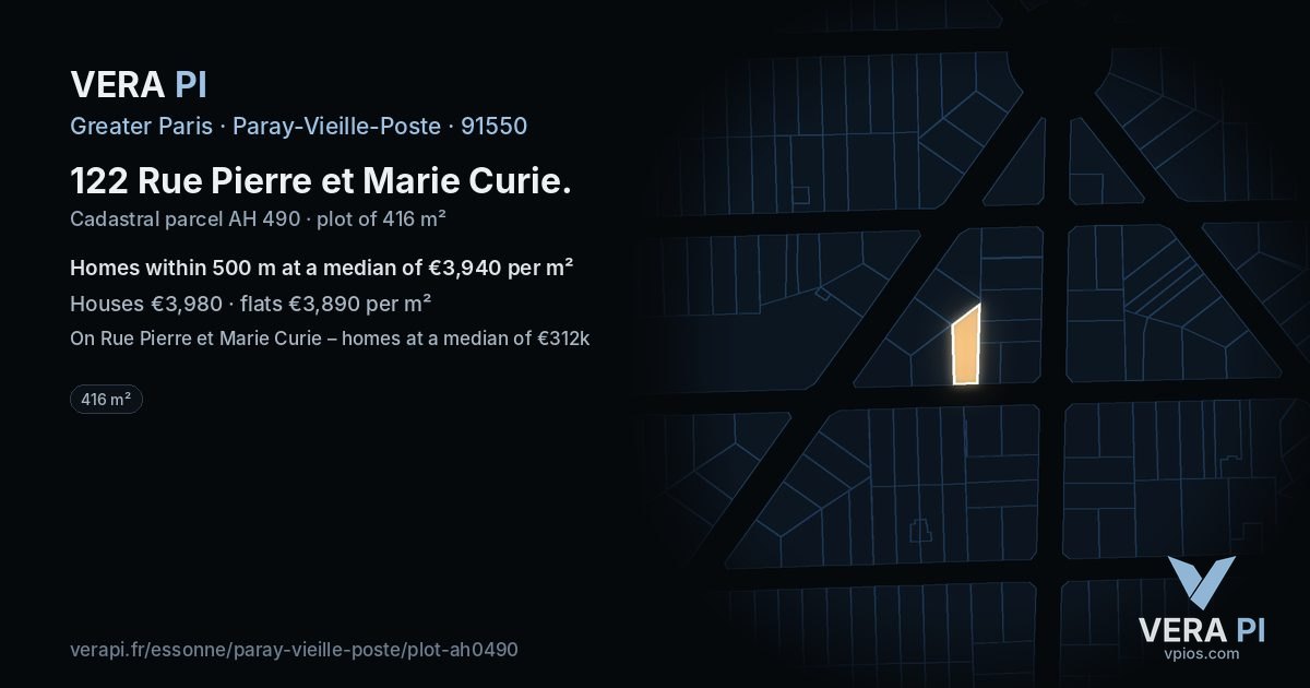 122 Rue Pierre et Marie Curie, Paray-Vieille-Poste at night – the plot lit, the parcels around coloured by the prices near them