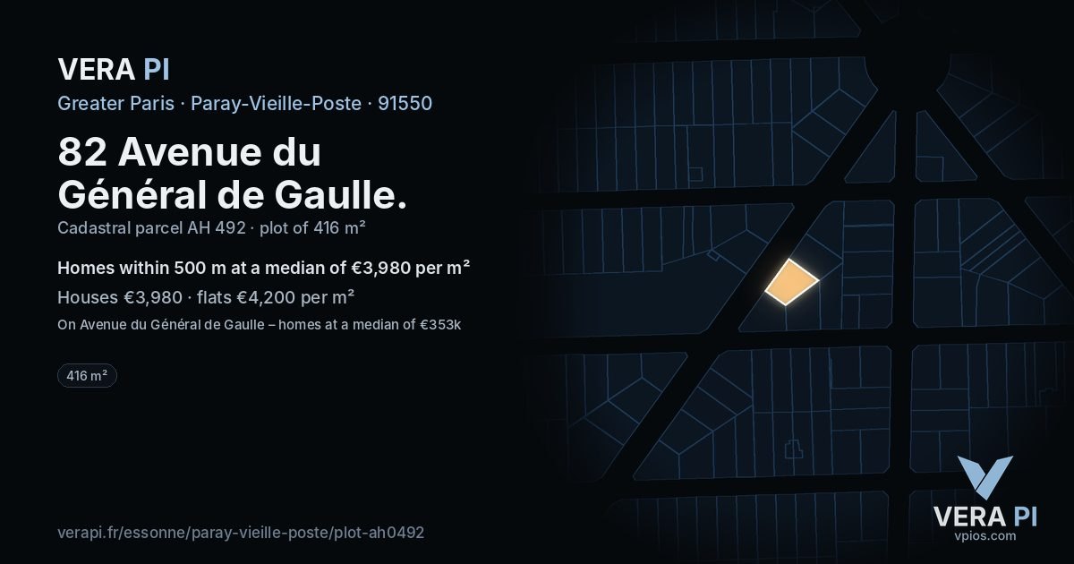 82 Avenue du Général de Gaulle, Paray-Vieille-Poste at night – the plot lit, the parcels around coloured by the prices near them