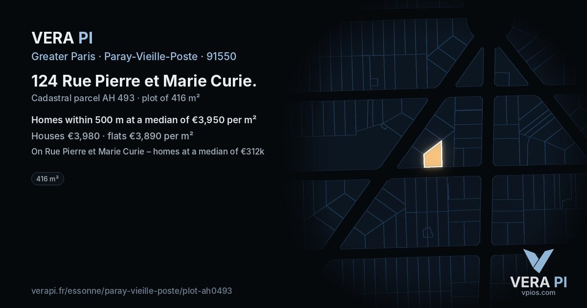 124 Rue Pierre et Marie Curie, Paray-Vieille-Poste at night – the plot lit, the parcels around coloured by the prices near them