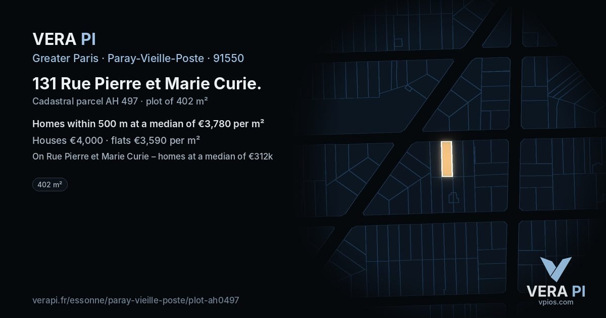 131 Rue Pierre et Marie Curie, Paray-Vieille-Poste at night – the plot lit, the parcels around coloured by the prices near them