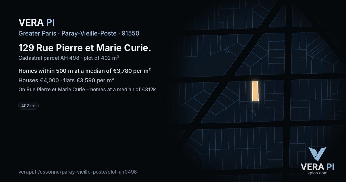 129 Rue Pierre et Marie Curie, Paray-Vieille-Poste at night – the plot lit, the parcels around coloured by the prices near them