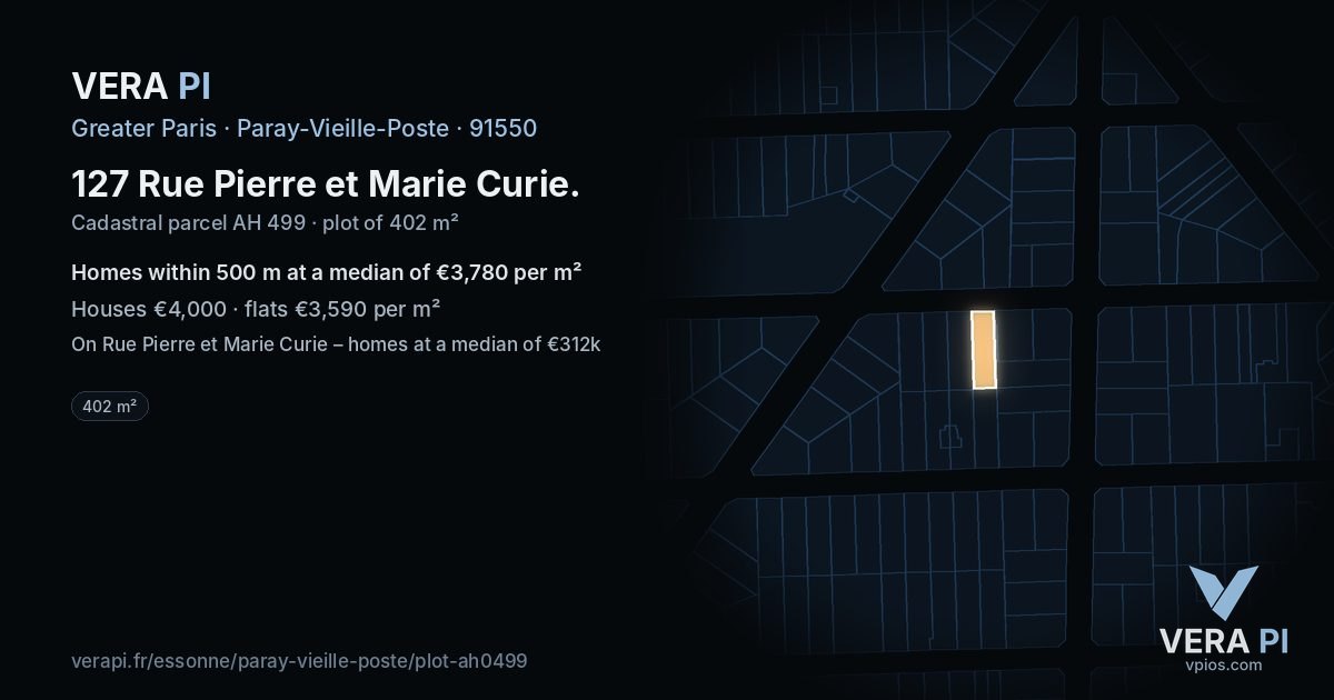 127 Rue Pierre et Marie Curie, Paray-Vieille-Poste at night – the plot lit, the parcels around coloured by the prices near them