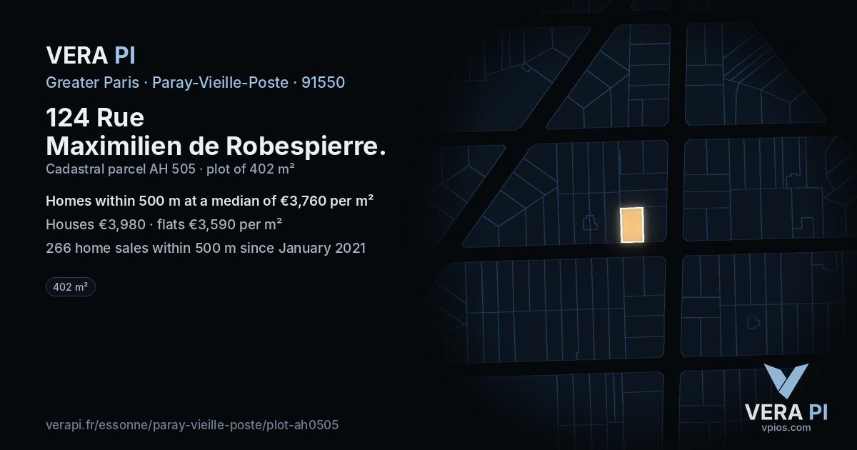 124 Rue Maximilien de Robespierre, Paray-Vieille-Poste at night – the plot lit, the parcels around coloured by the prices near them