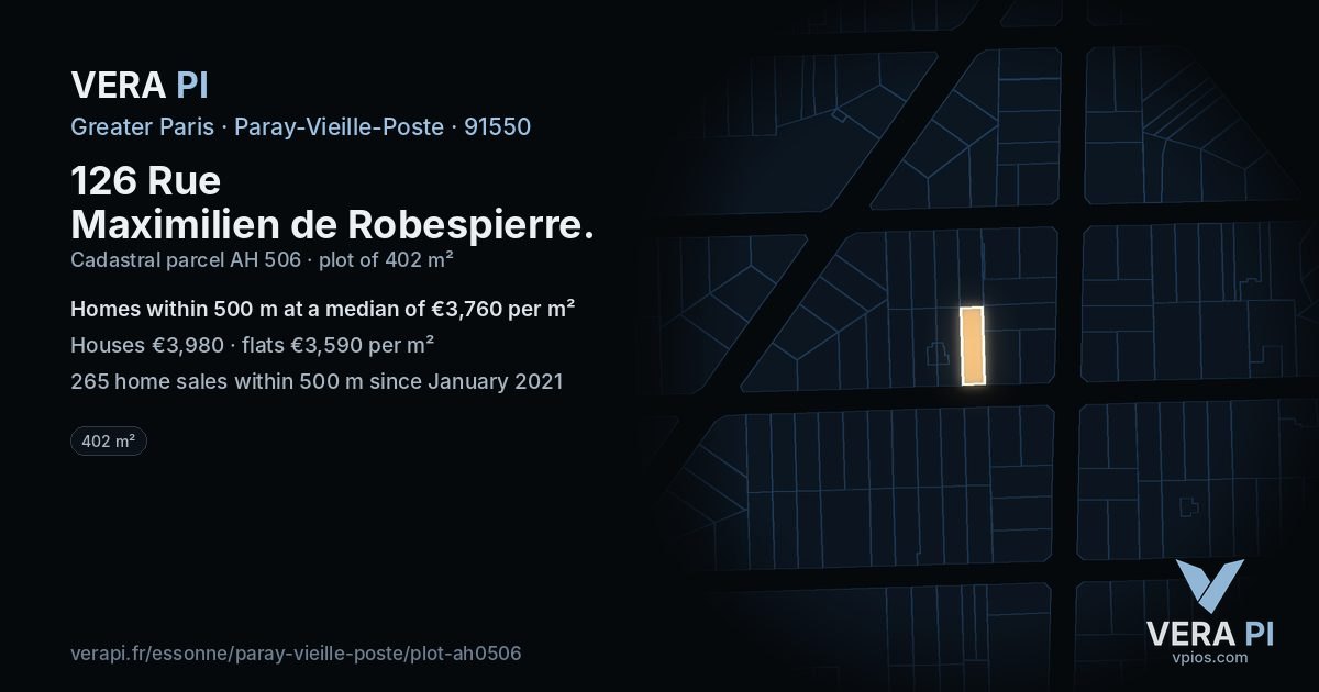 126 Rue Maximilien de Robespierre, Paray-Vieille-Poste at night – the plot lit, the parcels around coloured by the prices near them