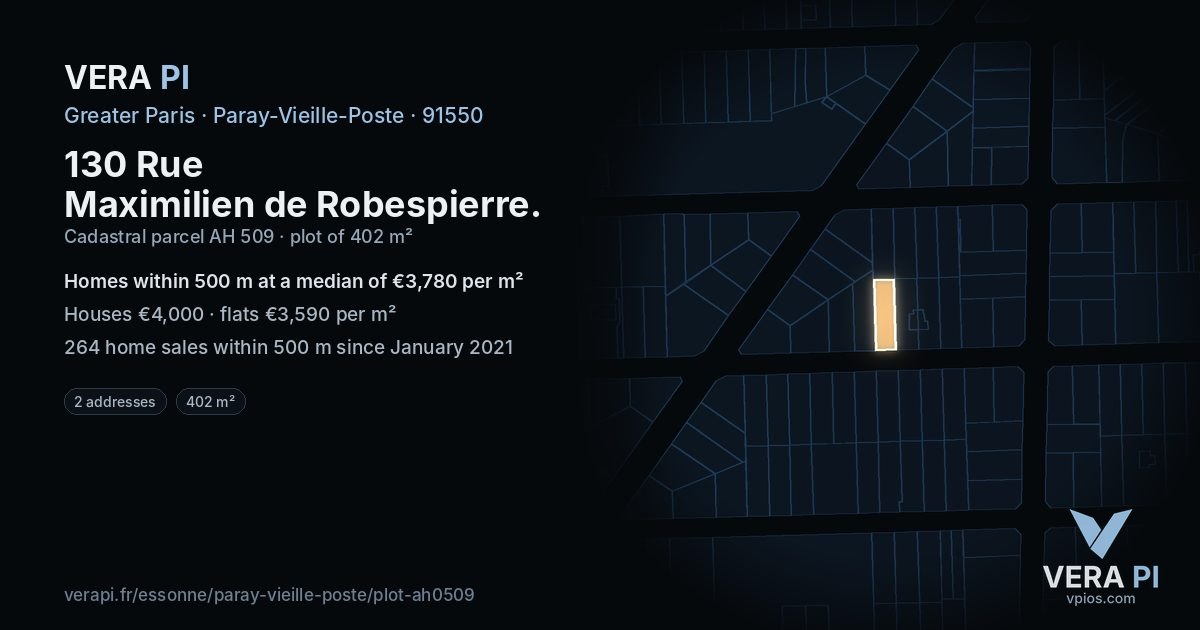 130 Rue Maximilien de Robespierre, Paray-Vieille-Poste at night – the plot lit, the parcels around coloured by the prices near them