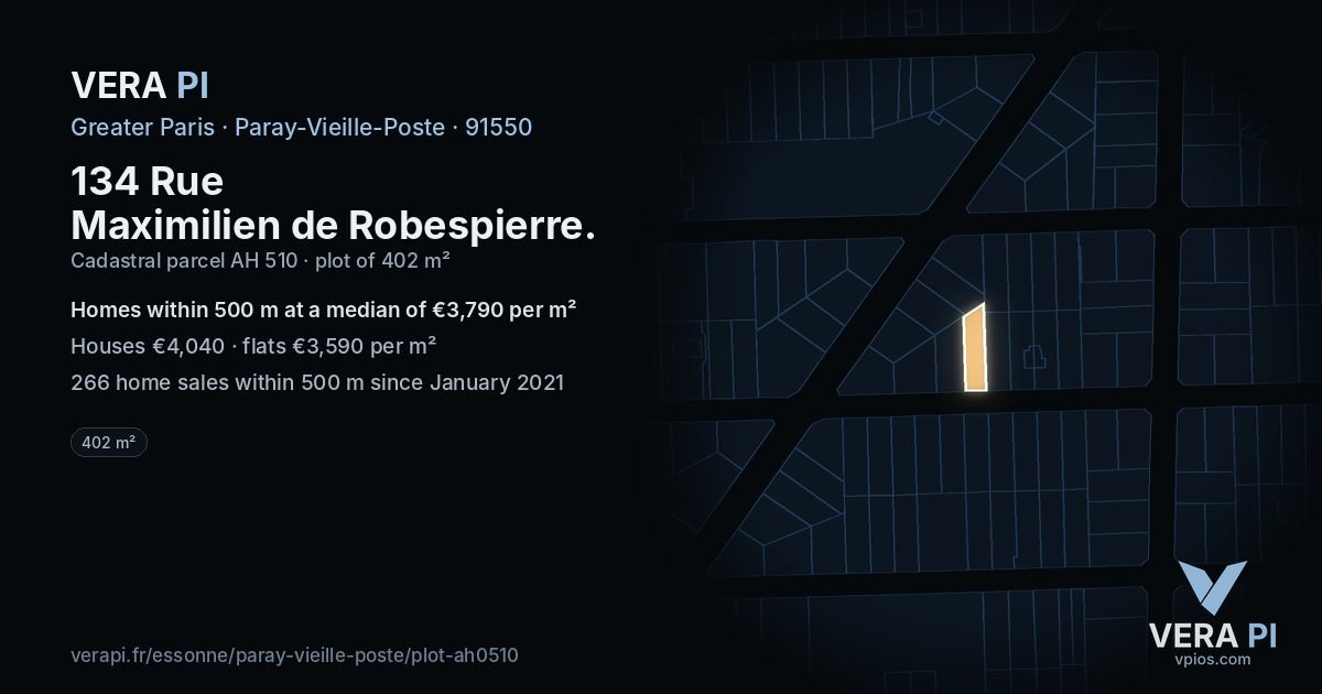 134 Rue Maximilien de Robespierre, Paray-Vieille-Poste at night – the plot lit, the parcels around coloured by the prices near them