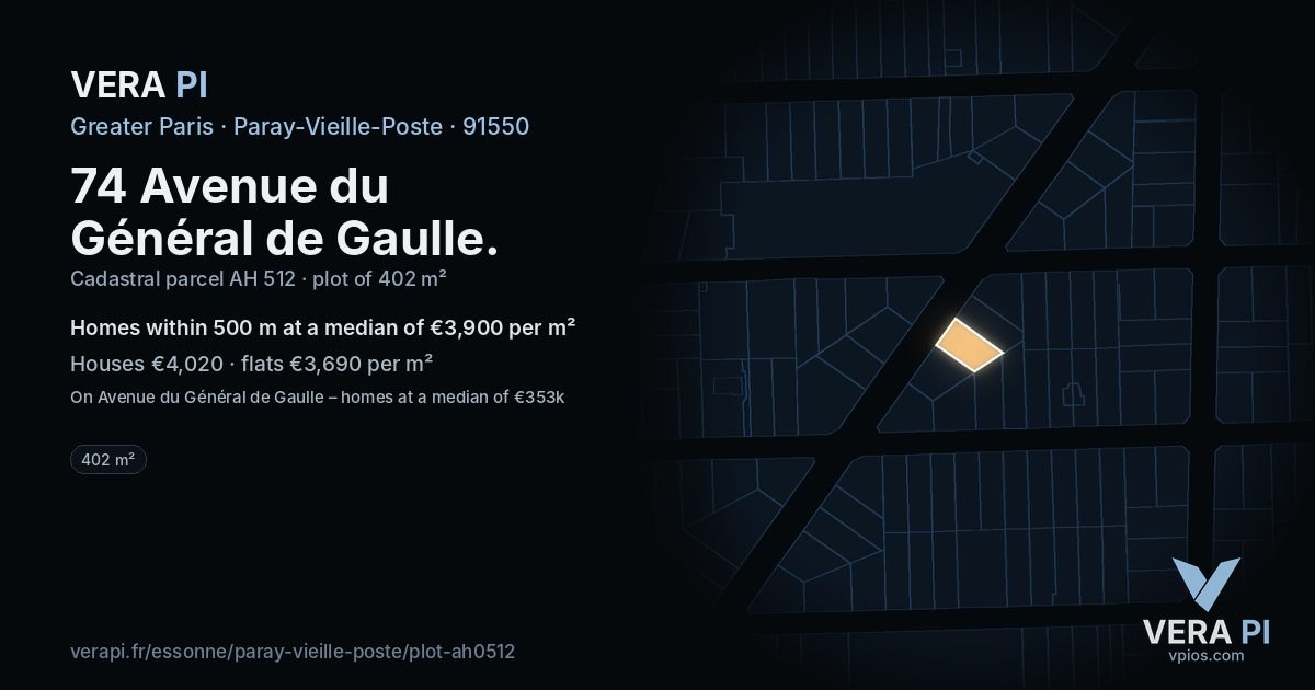 74 Avenue du Général de Gaulle, Paray-Vieille-Poste at night – the plot lit, the parcels around coloured by the prices near them