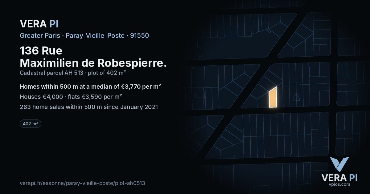 136 Rue Maximilien de Robespierre, Paray-Vieille-Poste at night – the plot lit, the parcels around coloured by the prices near them