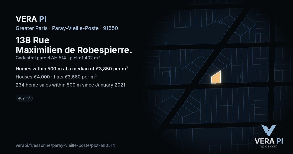 138 Rue Maximilien de Robespierre, Paray-Vieille-Poste at night – the plot lit, the parcels around coloured by the prices near them