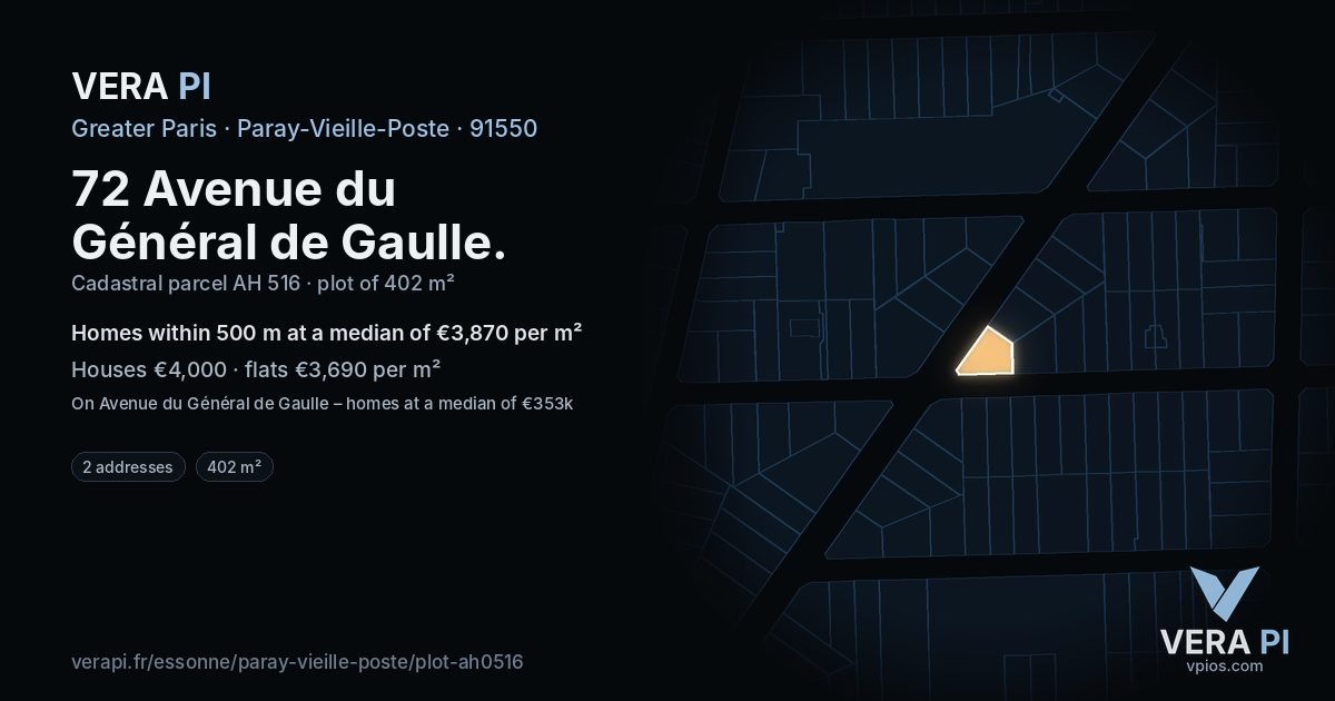 72 Avenue du Général de Gaulle, Paray-Vieille-Poste at night – the plot lit, the parcels around coloured by the prices near them
