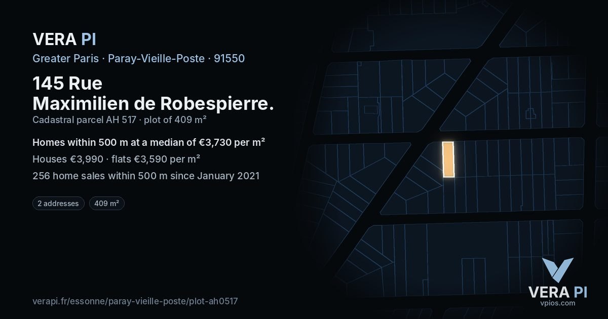 145 Rue Maximilien de Robespierre, Paray-Vieille-Poste at night – the plot lit, the parcels around coloured by the prices near them