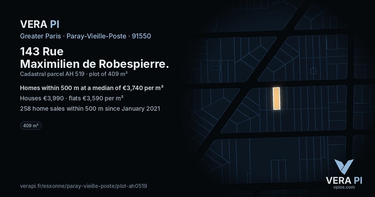 143 Rue Maximilien de Robespierre, Paray-Vieille-Poste at night – the plot lit, the parcels around coloured by the prices near them