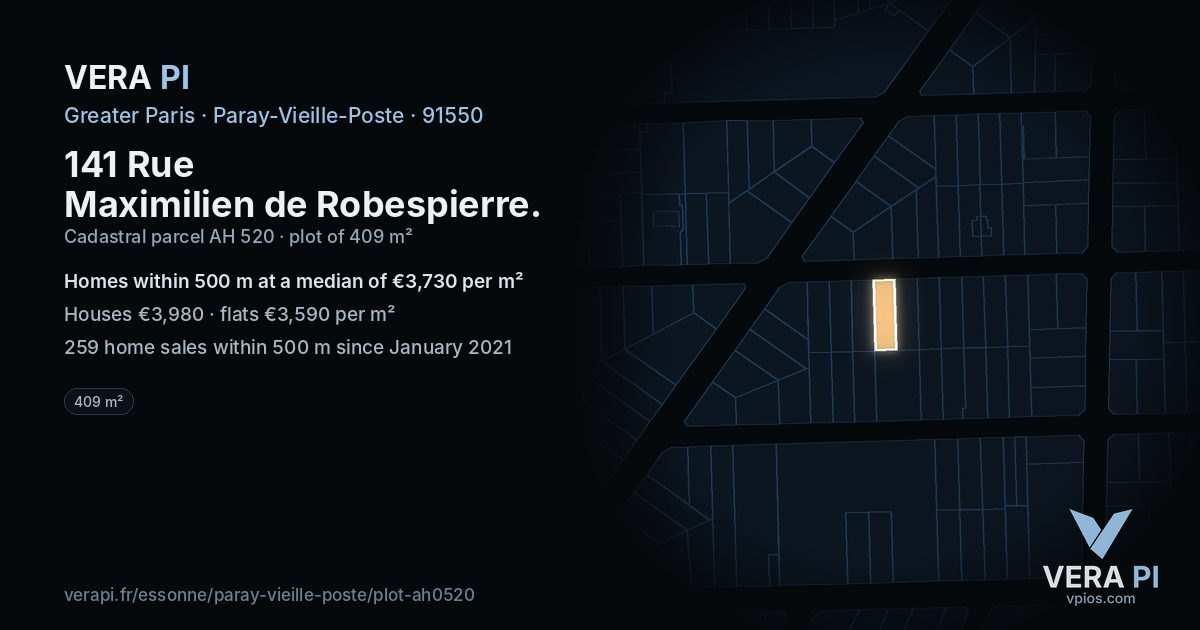 141 Rue Maximilien de Robespierre, Paray-Vieille-Poste at night – the plot lit, the parcels around coloured by the prices near them