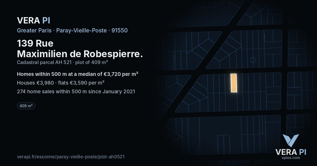 139 Rue Maximilien de Robespierre, Paray-Vieille-Poste at night – the plot lit, the parcels around coloured by the prices near them
