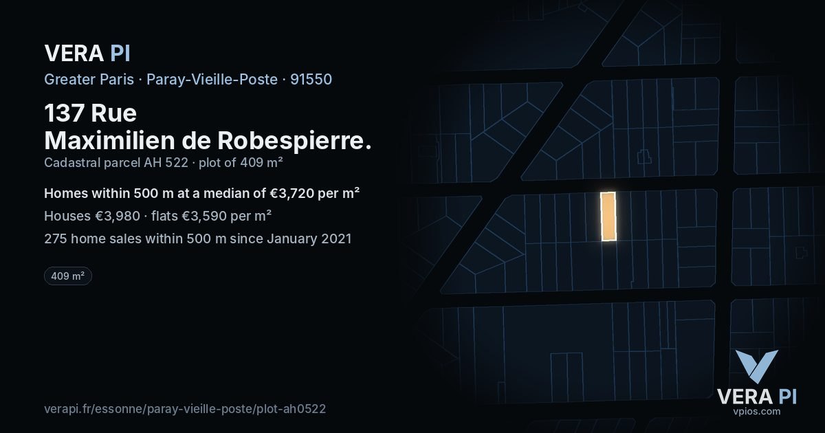 137 Rue Maximilien de Robespierre, Paray-Vieille-Poste at night – the plot lit, the parcels around coloured by the prices near them