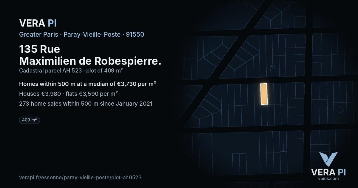 135 Rue Maximilien de Robespierre, Paray-Vieille-Poste at night – the plot lit, the parcels around coloured by the prices near them