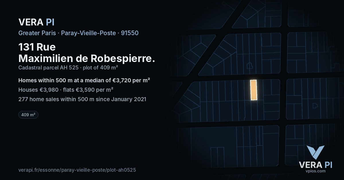 131 Rue Maximilien de Robespierre, Paray-Vieille-Poste at night – the plot lit, the parcels around coloured by the prices near them