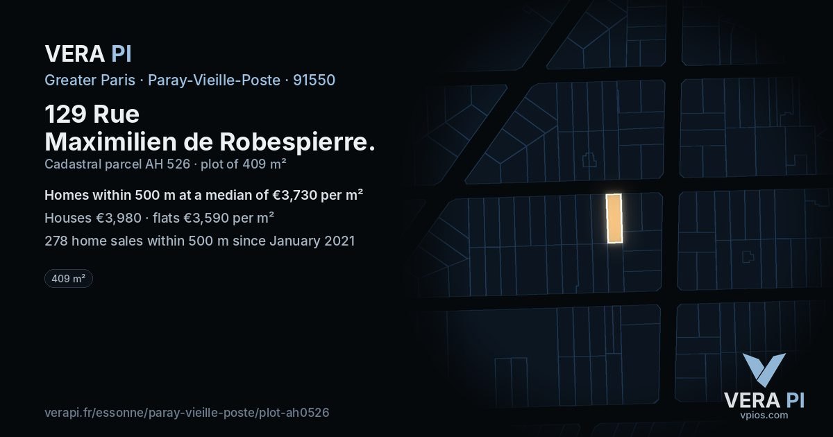 129 Rue Maximilien de Robespierre, Paray-Vieille-Poste at night – the plot lit, the parcels around coloured by the prices near them
