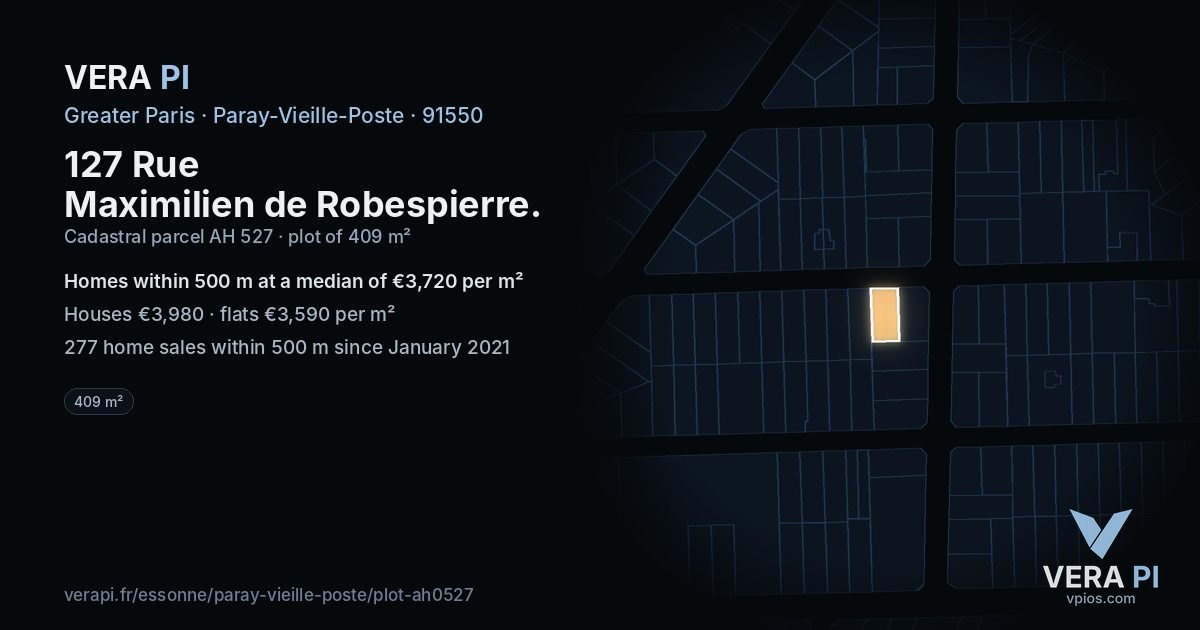 127 Rue Maximilien de Robespierre, Paray-Vieille-Poste at night – the plot lit, the parcels around coloured by the prices near them