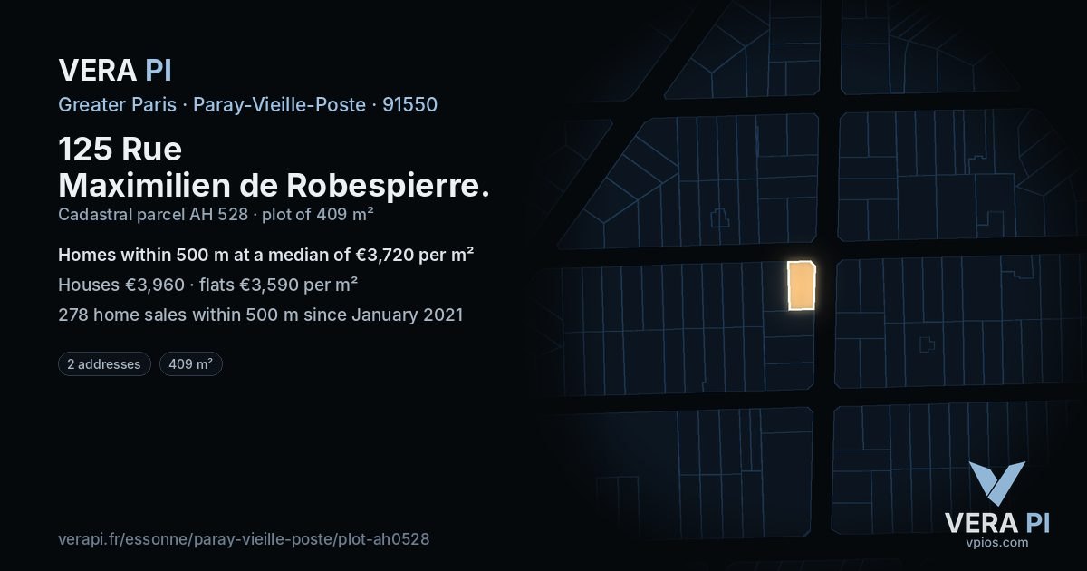 125 Rue Maximilien de Robespierre, Paray-Vieille-Poste at night – the plot lit, the parcels around coloured by the prices near them