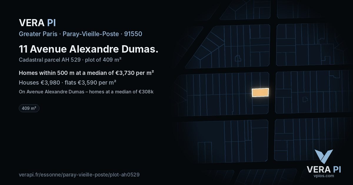 11 Avenue Alexandre Dumas, Paray-Vieille-Poste at night – the plot lit, the parcels around coloured by the prices near them