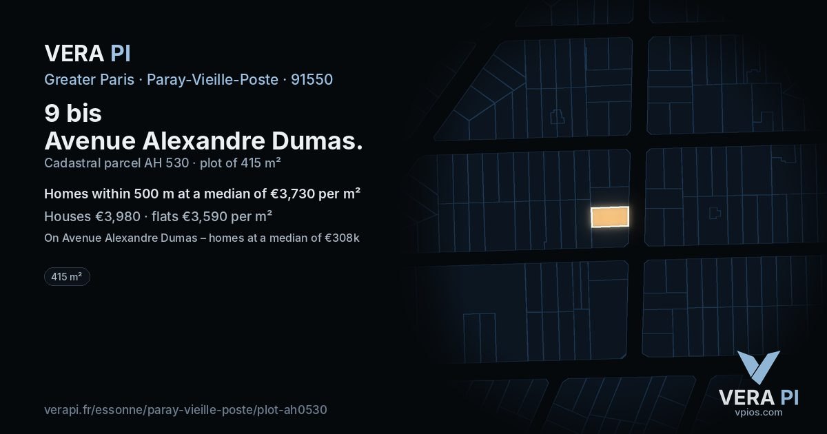 9 bis Avenue Alexandre Dumas, Paray-Vieille-Poste at night – the plot lit, the parcels around coloured by the prices near them