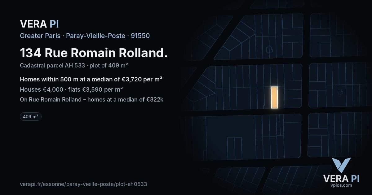 134 Rue Romain Rolland, Paray-Vieille-Poste at night – the plot lit, the parcels around coloured by the prices near them