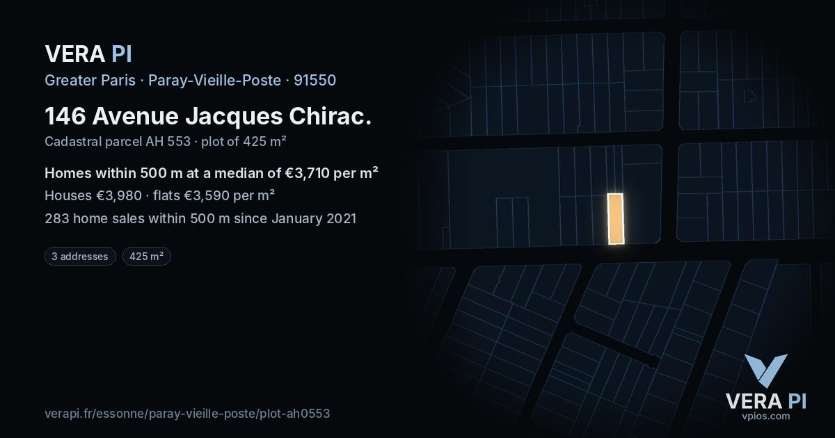 146 Avenue Jacques Chirac, Paray-Vieille-Poste at night – the plot lit, the parcels around coloured by the prices near them