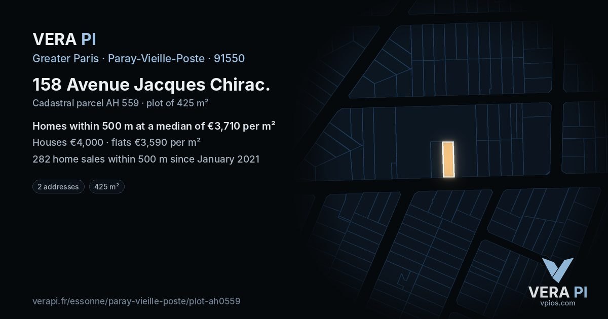 158 Avenue Jacques Chirac, Paray-Vieille-Poste at night – the plot lit, the parcels around coloured by the prices near them