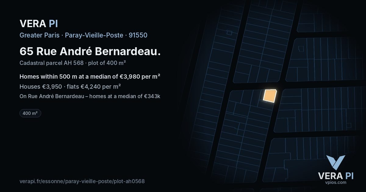 65 Rue André Bernardeau, Paray-Vieille-Poste at night – the plot lit, the parcels around coloured by the prices near them