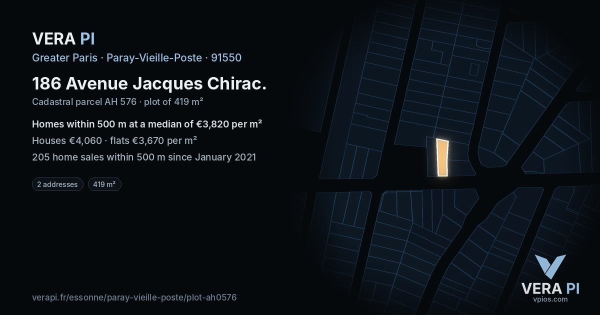 186 Avenue Jacques Chirac, Paray-Vieille-Poste at night – the plot lit, the parcels around coloured by the prices near them