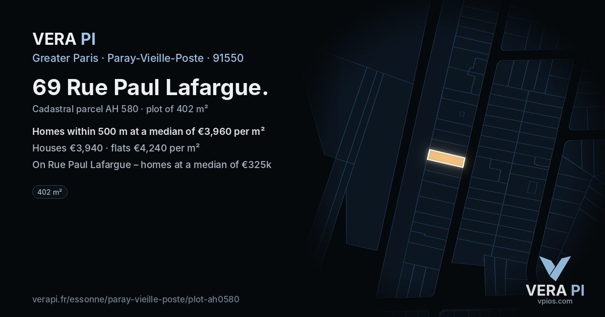 69 Rue Paul Lafargue, Paray-Vieille-Poste at night – the plot lit, the parcels around coloured by the prices near them