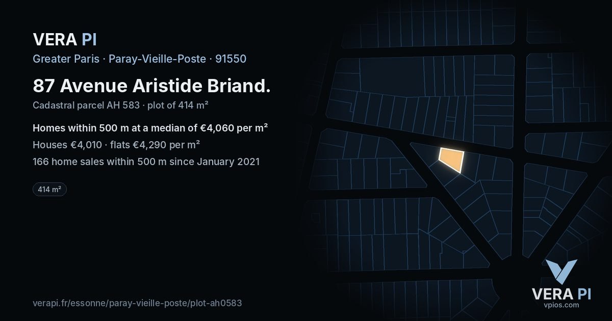 87 Avenue Aristide Briand, Paray-Vieille-Poste at night – the plot lit, the parcels around coloured by the prices near them