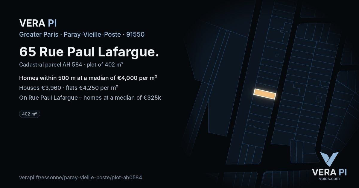 65 Rue Paul Lafargue, Paray-Vieille-Poste at night – the plot lit, the parcels around coloured by the prices near them