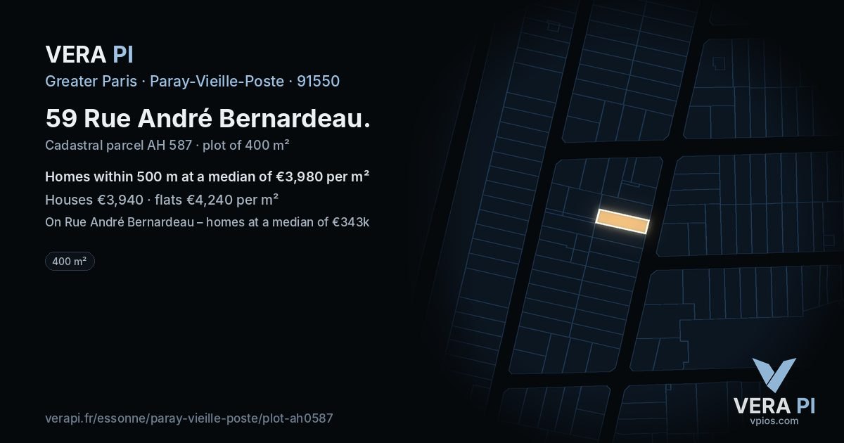 59 Rue André Bernardeau, Paray-Vieille-Poste at night – the plot lit, the parcels around coloured by the prices near them