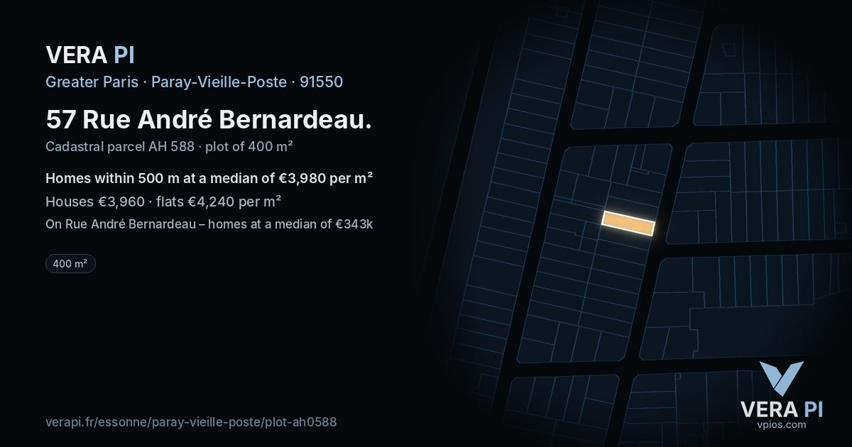 57 Rue André Bernardeau, Paray-Vieille-Poste at night – the plot lit, the parcels around coloured by the prices near them