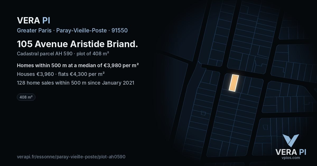105 Avenue Aristide Briand, Paray-Vieille-Poste at night – the plot lit, the parcels around coloured by the prices near them