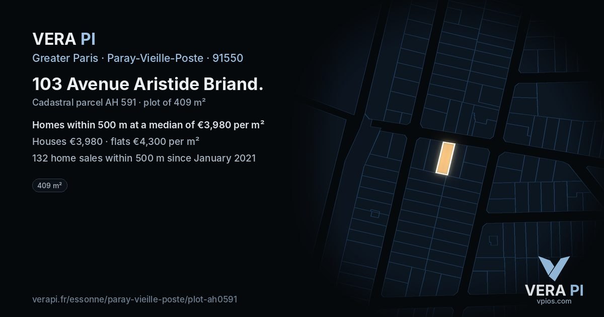 103 Avenue Aristide Briand, Paray-Vieille-Poste at night – the plot lit, the parcels around coloured by the prices near them