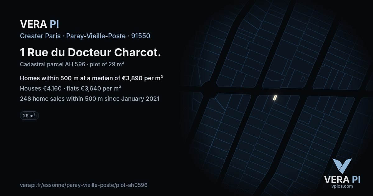 1 Rue du Docteur Charcot, Paray-Vieille-Poste at night – the plot lit, the parcels around coloured by the prices near them