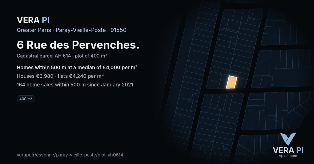 6 Rue des Pervenches, Paray-Vieille-Poste at night – the plot lit, the parcels around coloured by the prices near them
