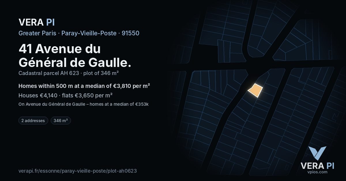 41 Avenue du Général de Gaulle, Paray-Vieille-Poste at night – the plot lit, the parcels around coloured by the prices near them