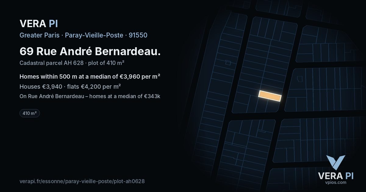 69 Rue André Bernardeau, Paray-Vieille-Poste at night – the plot lit, the parcels around coloured by the prices near them